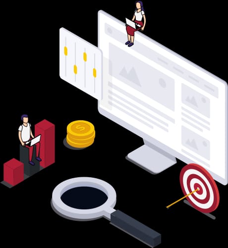 two small human figures sitting near digital advertising imagery ie. graphs, a magnifying glass and a target with an arrow dead centre