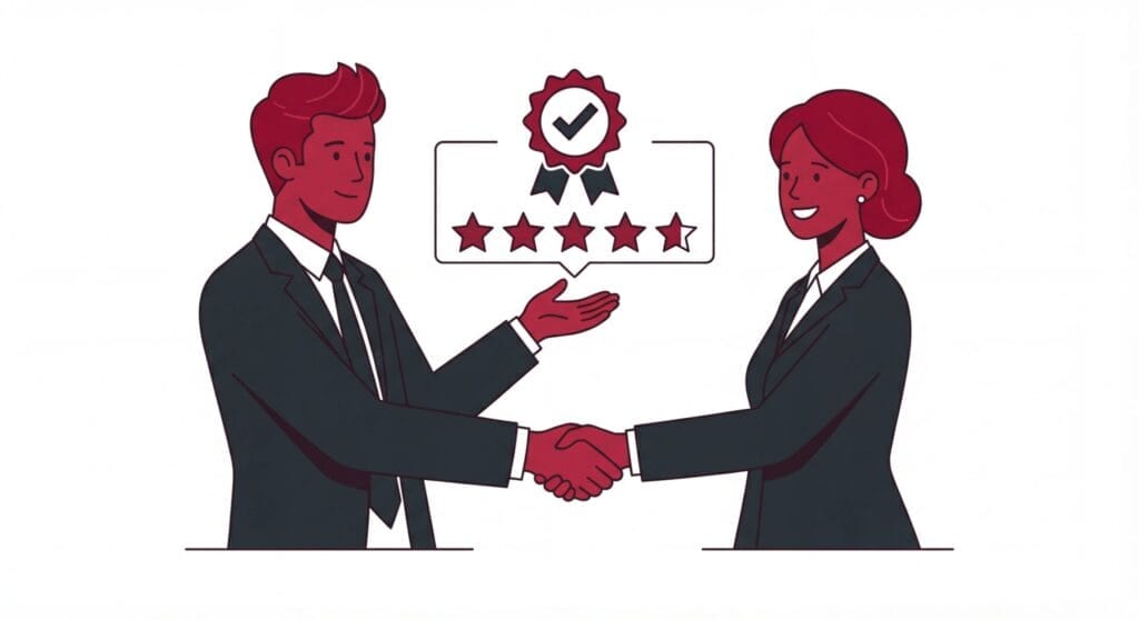 Two people with trust signals including five star reviews and verification badge representing website credibility
