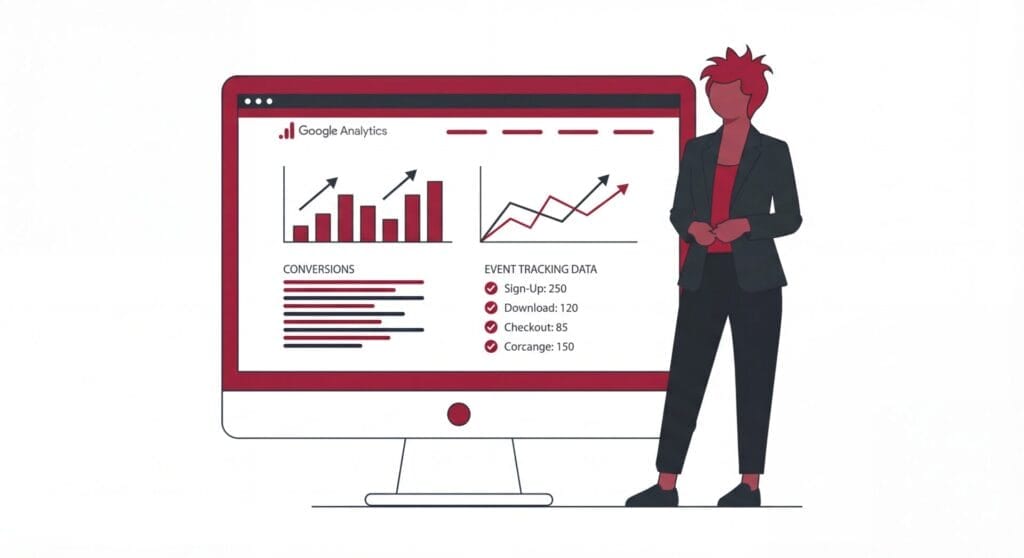 Person analyzing website conversion tracking dashboard showing events and user behaviour data